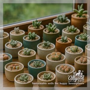 varieties of lithops, titanopsis and aloinopsis plants in ceramic pots