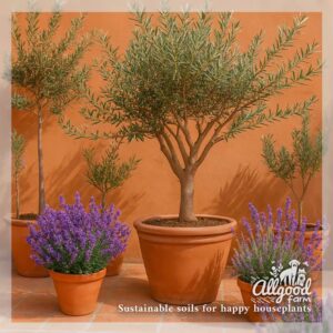 potted olive tree with lavender and rosemary