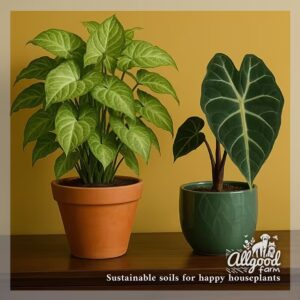 syngonium and alocasia houseplant in decorative pots