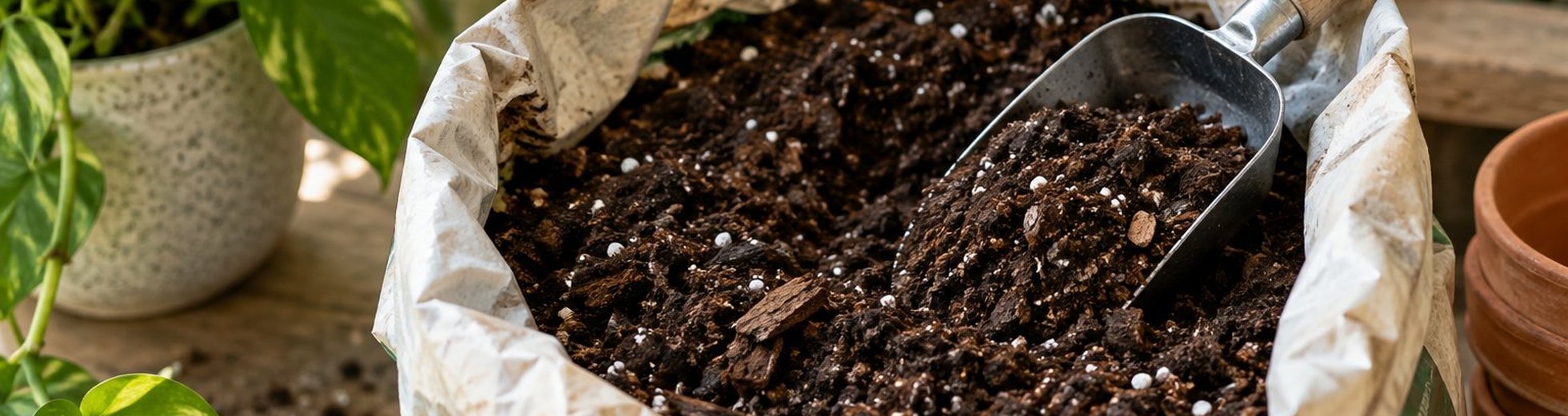 Open bag of houseplant potting soil with a scoop surrounded by potted plants