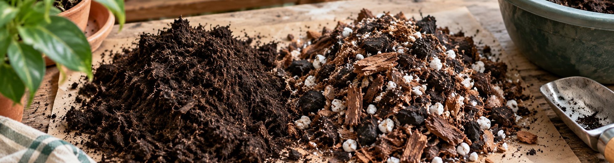 Compost and chunky potting mix shown side by side on a potting bench