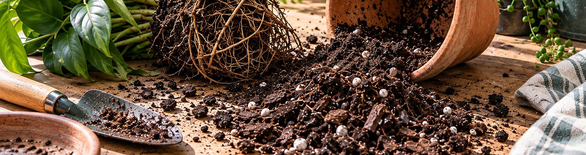 Houseplant removed from its pot with used potting soil ready to reuse