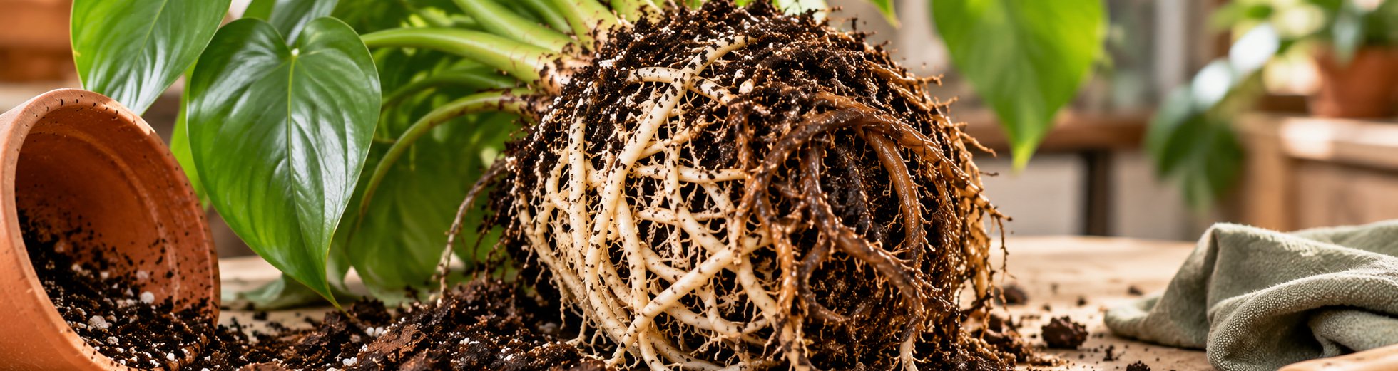 Houseplant with exposed healthy and damaged roots during a root rot check