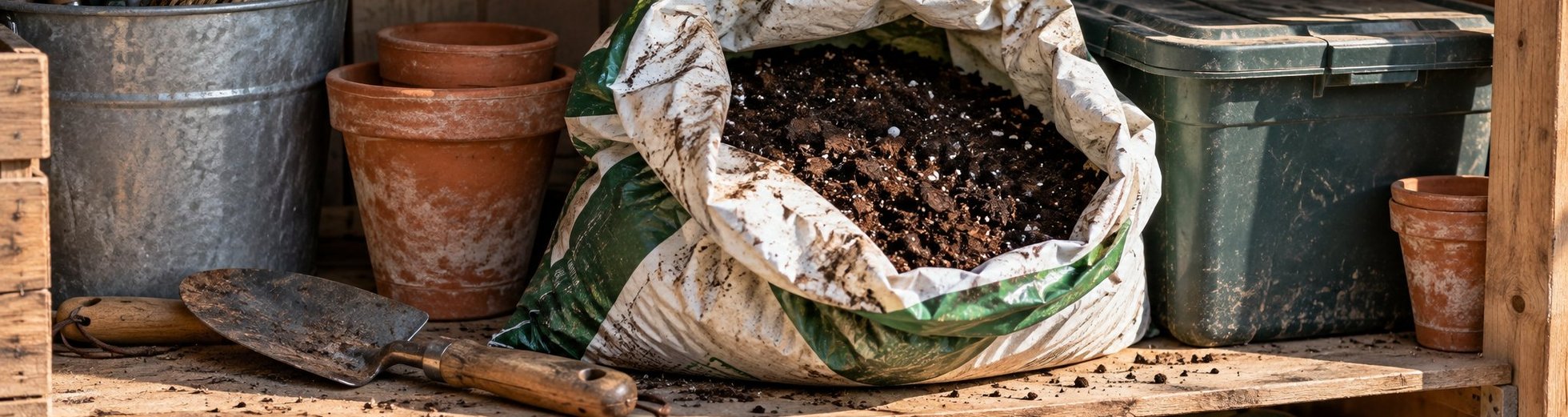 Open bag of potting soil stored on a garden shed shelf with pots and gardening tools
