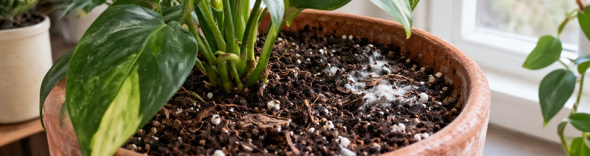 White mould growing on the surface of soil in a potted houseplant